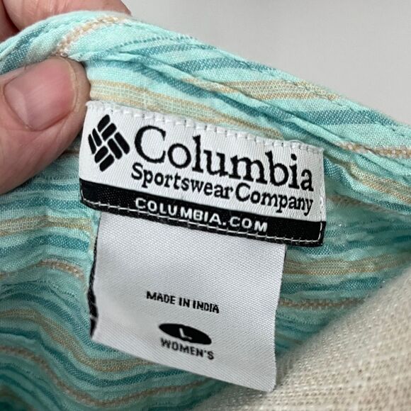 Columbia Light Green /Tan Striped Gauze Square Neck Beautiful Top SZ L - Picture 2 of 8